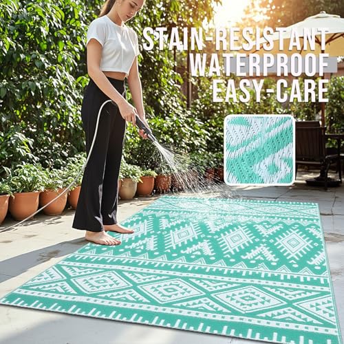 OLANLY Outdoor Rug Waterproof 4x6 ft, Reversible Outdoor Plastic Straw Rug, Boho Patio Rug, Indoor Outdoor Carpet, RV Mat Outside for Patio, Camp, Picnic, Balcony, Deck, Backyard, Turquoise & White - color: Turquoise & White, size: 4' X 6' (Rectangular)