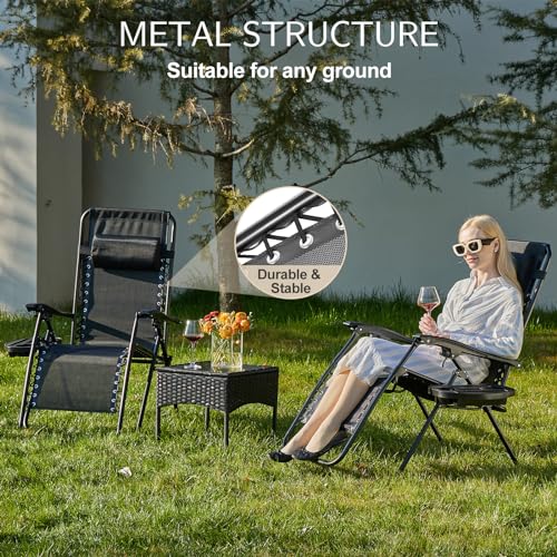Sweetcrispy Zero Gravity Chairs, Set of 4 Portable Recliner Beach Camping Patio Outdoor Folding Lounge Chair with Cup Holder Trays and Adjustable Pillow for Poolside, Garden, Backyard, Lawn (Black) - color: Black-4p