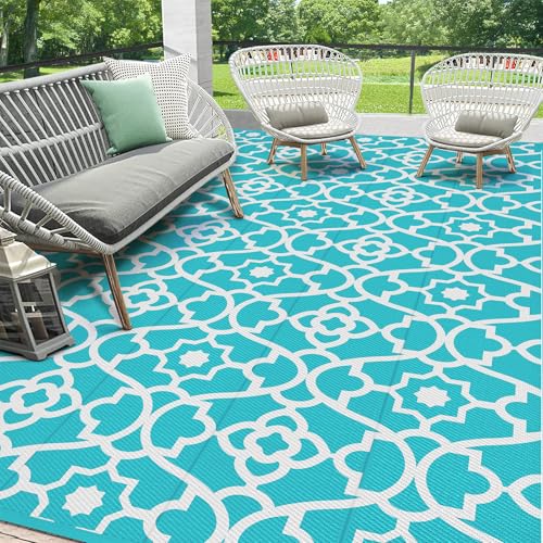 HEBE Outdoor Rug Waterproof 9x12, Plastic Straw Rug Camping Rug, Reversible Outdoor Patio Rugs RV Mat Clearance, Indoor Outside Floor Carpet for Porch,Deck,Camper,Balcony,Backyard - color: Teal, size: 9' x 12' (Rectangular)