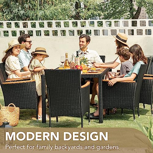 Devoko Outdoor Patio Dining Sets 9 Pieces Wicker Outdoor Dining Table and Chairs Set with Acacia Wood Table Top and Widened Armrests for Backyard, Garden, Deck (Black) - color: Black, style: 9 Piece Dining Set