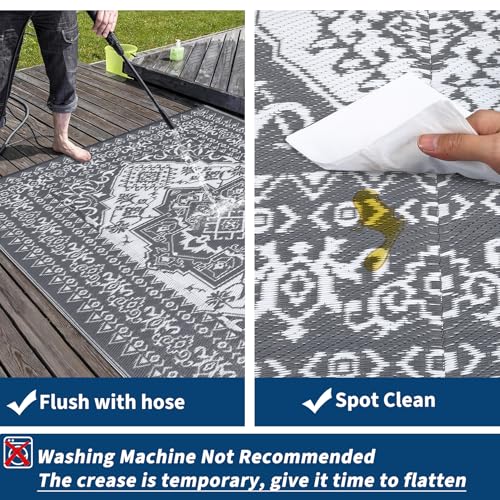 COZYLOOM Large Outdoor Rug 8x10 Patio Waterproof Reversible Mat Palm Retro Oriental Camping Rugs Indoor Outdoor Rugs Carpet Plastic Straw Rug for Deck Balcony Pool RV Camping, Grey and White - color: Vintage Grey/White, size: 8' x 10' (Rectangular)