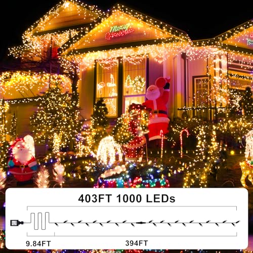 KNONEW 403FT 1000 LED Christmas Lights Outdoor String Lights 8 Modes & Timer Fairy Light Plug in Waterproof LED String Lights for Xmas Yard Tree Wedding Party Holiday Decorations (Warm White) - color: Warm White, size: 403FT 1000 LED Dark Green Wire