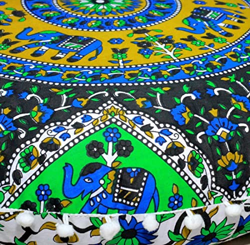 CRAFT KALA 22" Round Mandala Boho Pillow Cover Meditation Room Seating Poufs Cover for Living Room Yoga Room Home Bedroom Balcony Garden Party Decoration Cotton Floor Cushion Cover 22", Blue Elephant - color: Blue Elephant, size: 22"