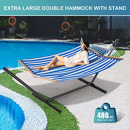 Homgava Two Person Hammock with Stand for Outside Heavy Duty, Outdoor Patio Hammock with Portable Steel Stand, Large Double Hammocks with Quick Dry Textilene Fabric,480lbs Capacity.(Blue White) - color: Blue White