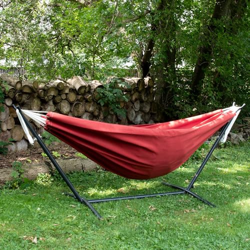 Vivere Double Sunbrella Hammock with Space-Saving Steel Stand, Heavy-Duty Portable Outdoor Hammock Set for Backyard, Patio, or Travel, Crimson - color: Crimson