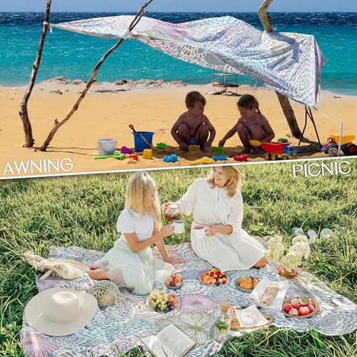 BYDOLL Beach Blanket Waterproof Sandproof Large Sand Free, 78''X81'' Oversized Sandless Lightweight Blanket Picnic Mat for Beach Travel Camping Hiking with Stakes - color: Fresh Circle, size: 78"X81"