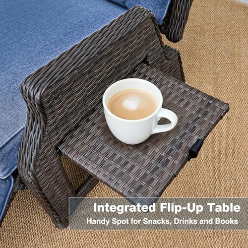 Outdoor Indoor Wicker Recliner with Adjustable Back and Footrest, Patio Reclining Chair with Flip-up Table, Outdoor Rattan Lounge Chair, Navy - color: Navy, size: 1PCS