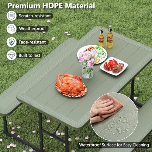 LDAILY Picnic Tables with Benches, Rectangular Dining Table Set for Outside 4 People, HDPE Tabletop, Metal Frame, Umbrella Hole, Heavy Duty Picnic Table for Outdoors, Patio, Lawn, Commercial (Green) - color: Green