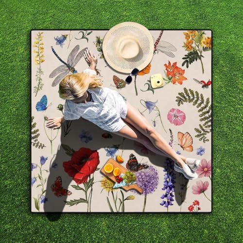 Picnic Blankets Waterproof Foldable Extra Large,80"x 80" Outdoor Beach Blanket Sandproof,3-Layer Lightweight Handy Mat Tote Picnic Camping Rugs for Outside Your Rv (Farmhouse Floral) - color: Picnic Blankets 2