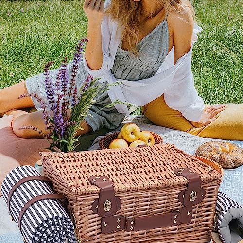 Picnic Basket with Blanket and Wine Pouch for 2 Wicker Picnic Set with Insulated Liner Cooler Bag Hamper for Camping,Wedding - Stripes - color: Stripes With Blanket for 2