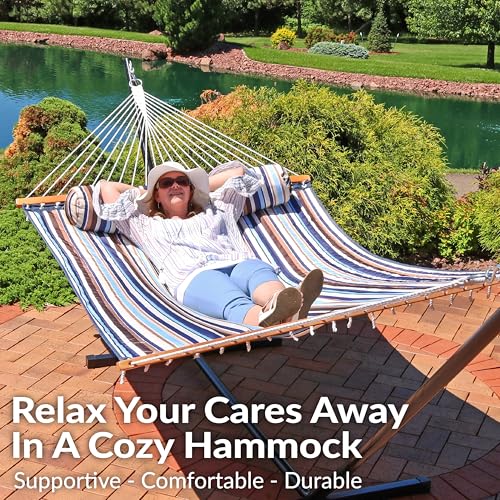 Sunnydaze Quilted Double Hammock for Outside with Spreader Bars and Pillow - 450 lb Capacity, 74x55 Inch Bed, UV Resistant, Quick Dry - Chains Included, Stand Sold Separately - Ocean Isle - color: Ocean Isle
