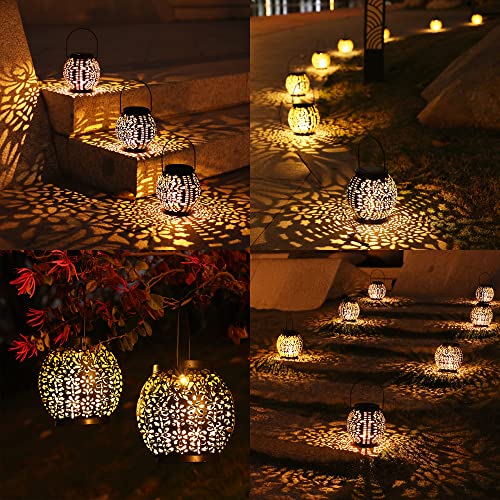 Brizled Solar Lantern Lights, 2 Pack Outdoor LED Hanging Lantern Lights with Star Projection, Warm White Solar Garden Lighting Retro Table Lanterns Light Waterproof for Garden Patio Courtyard Path - size: 2 Pack, style: Retro Hollow Lantern Lights