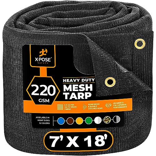 Xpose Safety Heavy Duty Mesh Tarp -7' X 18' – Multipurpose Black Protective Cover with Air Flow - Use for Tie Downs, Shade, Fences, Canopies, Dump Trucks – Weather and Tear Resistant - color: Black, size: 7' X 18'