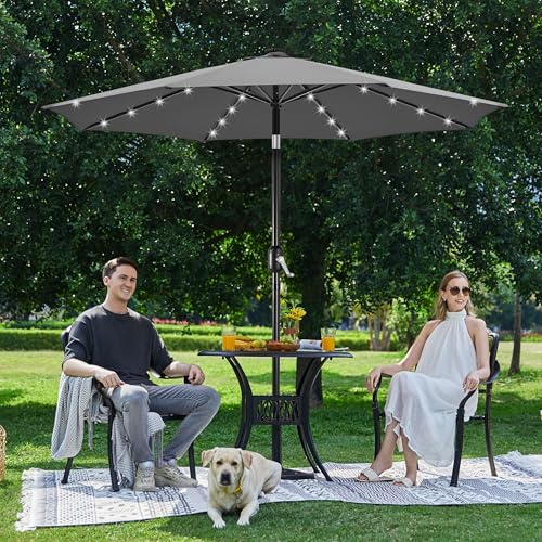 Yaheetech 10FT LED Lighted Patio Umbrella, Outdoor Solar Table Umbrella with 8 Ribs/Tilt Adjustment and Crank Lift System for Garden/Deck/Pool, Gray - color: Gray, size: 10ft