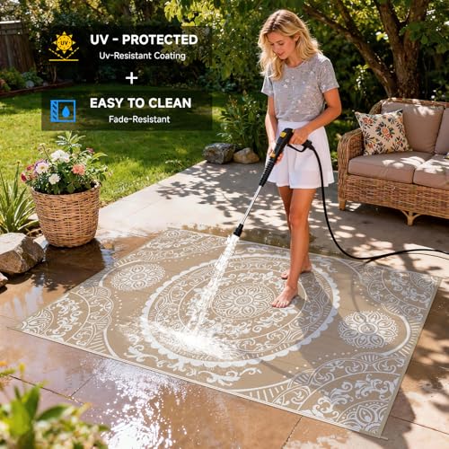 Pauwer Waterproof Outdoor Rug 5x8, Reversible Plastic Straw Patio Camping Rug, Indoor Outdoor RV Mat Carpet for Deck, Camper, Porch, Balcony, Backyard, Picnic, Paisley Brown - color: Paisley Brown, size: 5' x 8' (Rectangular)