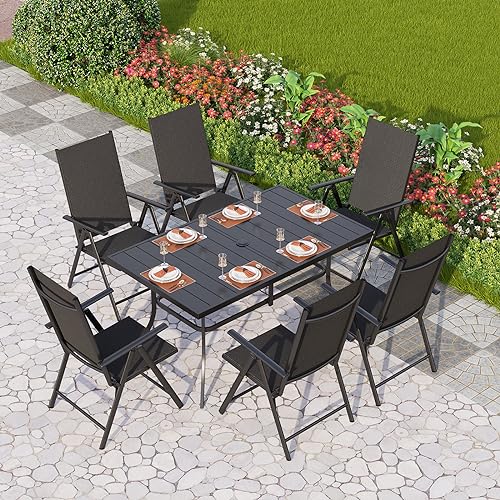 PHI VILLA 7 Piece Patio Dining Set with Outdoor Table and Chairs, Outdoor Dining Table Set for 6 with Adjustable Foldable Patio Chairs & Metal Steel Table for Garden, Black - color: Black, size: 7 Piece
