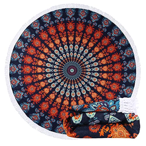 Benefeet Sox Beach Towel Large Round Mandala Pool Towels Tassels Microfiber Quick Dry Beach Blanket Throw Bohemian Roundie Swim Pool Circle Towel, 59 Inches - color: Mandala, Blue Orange