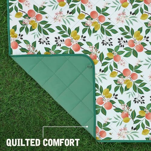 Weatherproof Vintage Waterproof Outdoor Blanket- Green Roll Up Throw Blanket with Handle, Velcro Closure - Camping Supplies, Travel Blanket for Beach, Picnic & Events, 60"x72" (Lemon Grove)
