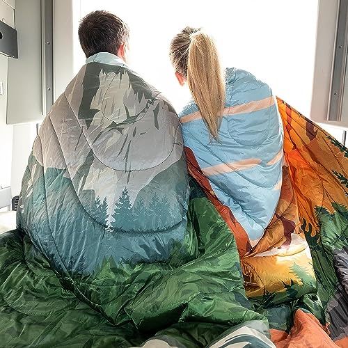 KingCamp Ultralight Camping Blanket, Packable Down Alternative Puffy Printed Wearable Blanket with Snap Buttons & Corner Loops Weatherproof Quilt for Outdoor Travel Stadium (78.7"L x 57.1"W, GREEN) - color: Scenictrail-green, size: 79" x 57"