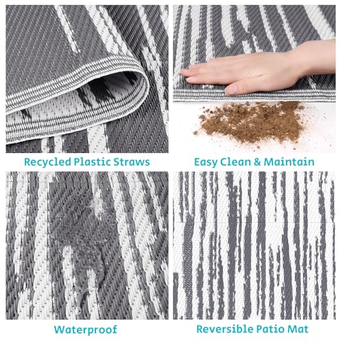 HEBE Round Outdoor Rug 8' Waterproof for Patios Clearance, Reversible Plastic Straw Rug Camping Carpet, Indoor Outdoor Area Rugs Patio Mats for RV,Picnic,Backyard,Deck,Balcony,Porch - color: Stripe/Grey, size: 8' Round