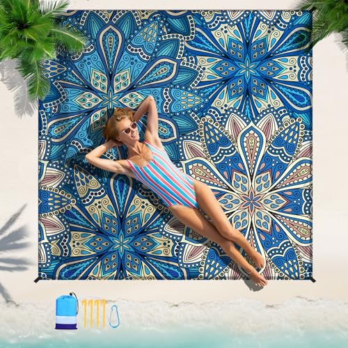 Beach Blanket 78''×110'' Suits 1-7 Adults Waterproof Sandproof Oversized Lightweight Sand Free Beach Blanket Large Picnic Mat for Travel Camping Picnic Hiking - color: Blue Flower, size: 78''x110''