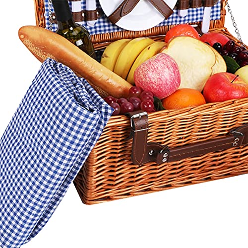4 Person Wicker Picnic Basket Set, Large Willow Basket with Large Insulated Thermal Compartment, Free Waterproof Blanket & Cutlery Kit