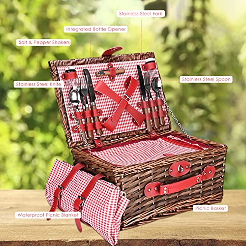 Wicker Picnic Basket Set, Large Handmade Willow Basket for 4 People with Waterproof Picnic Blanket, Insulated Thermal Compartment with Cutlery Suitable for Picnic and Camping