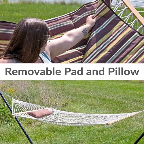 Sunnydaze Rope Hammock with Stand for Outside - Heavy Duty Freestanding Portable Outdoor Hammock Set with Quilted Pad, Pillow, and 12-Foot Steel Frame - 275 lb Capacity - Desert Stripe - color: Desert Stripe