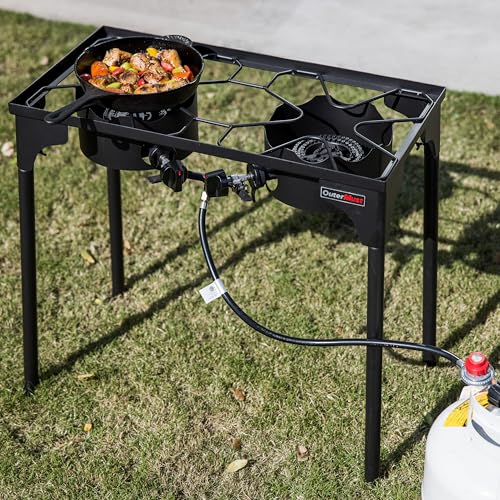 OuterMust 2 Burner Propane Gas Stove with 0-3 PSI Adjustable Regulator and Removable Legs Gas Burners for Cooking Perfect for Home Brewing, Seafood Boil and Camping - size: Dual Burner - Standard