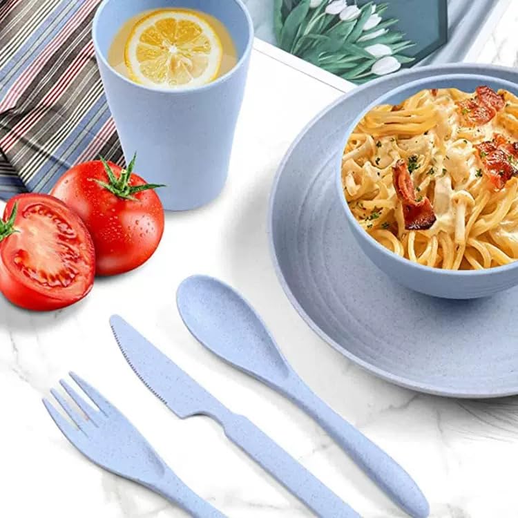 10 Set Reusable Travel Utensils Set with Case,Wheat Straw Travel Cutlery Set Portable Knife Fork Spoons Tableware Picnic Silverware for Party, Picnic, Camping, Kitchen, Camping-Blue&Pink - color: Blue&Pink