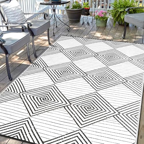 DiiKoo Waterproof Outdoor Rug 8x10ft, Foldable Reversible Plastic Straw Mat for Patio RV Deck Porch Backyard Balcony Camping Picnic Beach Indoor Outdoor, Black&White