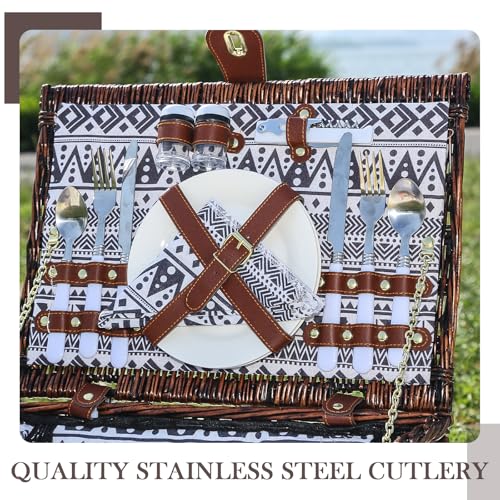 Neti Neti Wicker Picnic Basket for 2 Boho with Insulated Cooler & Waterproof Blanket – Large Willow Picnic Hamper for Outdoor, Camping, Beach, Romantic Dates, Valentine’s Day - color: Boho 4