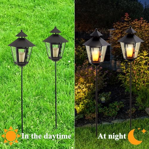 TRIROCKS 2 Pack Outdoor Landscape Lanterns 32'' H Decorative Candle Holders Metal Pathway Candle Lantern with 24''H Removable Plug-in Rod & Tempered Glass for Lawn Yard Patio Driveway Cemetery(Black)