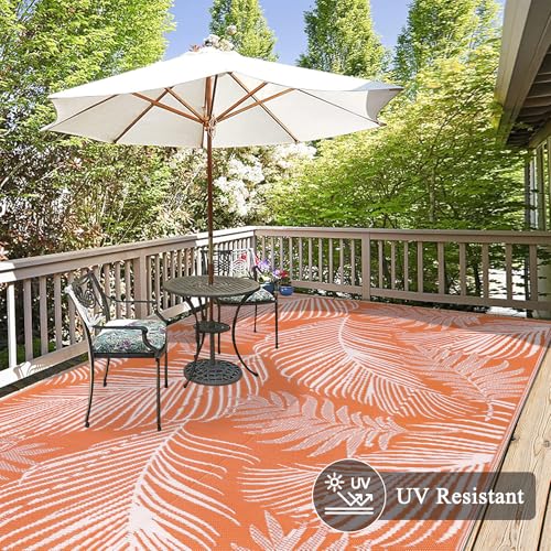 Pauwer Waterproof Outdoor Rug 6x9, Reversible Plastic Straw Patio Camping Rug, Indoor Outdoor RV Mat Carpet for Deck, Camper, Porch, Balcony, Backyard, Picnic, Leaf Orange - color: Leaf Orange, size: 6' x 9' (Rectangular)