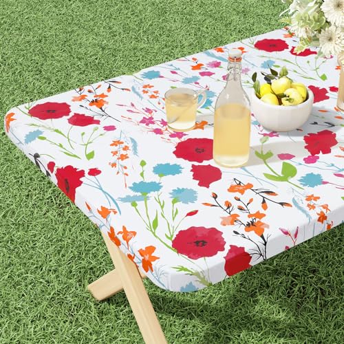 misaya Rectangle Vinyl Tablecloth, Fitted Table Cover, 100% Waterproof, Elastic Edge, Flannel Backing, Plastic Table Cloth Fit Foot Folding Tables for Picnic, Camping, Outdoor (Flowers, 36x96 inch) - color: Off White, size: 96" x 36" (Rectangular)