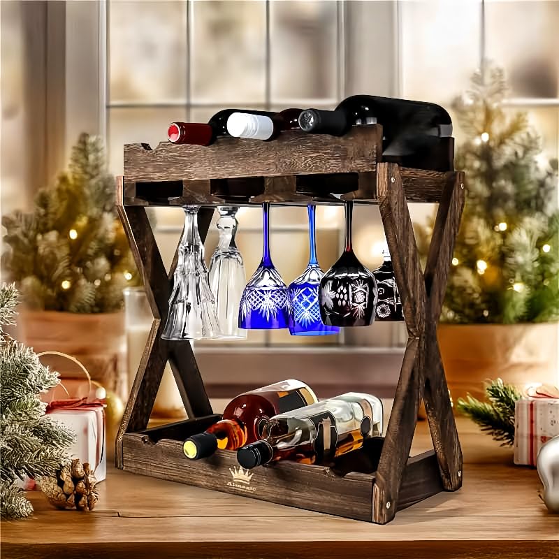3-IN-1 Countertop Wine Rack with Glass Holder – Store 8 Bottles, 6 Stemware Glasses and Wine Tools | Durable Wooden Wine Bottle Holder | Elegant Home Decor for Kitchen, Dining, and Living Room