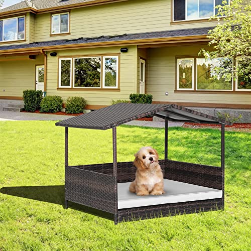 Tangkula Wicker Dog House, Indoor Outdoor Raised Rattan Dog Bed w/Removable Cushion, Washable Cover, Weatherproof Roof, Rattan Puppy Shelter w/Elevated Floor for Small Medium Dogs (White) - style: White