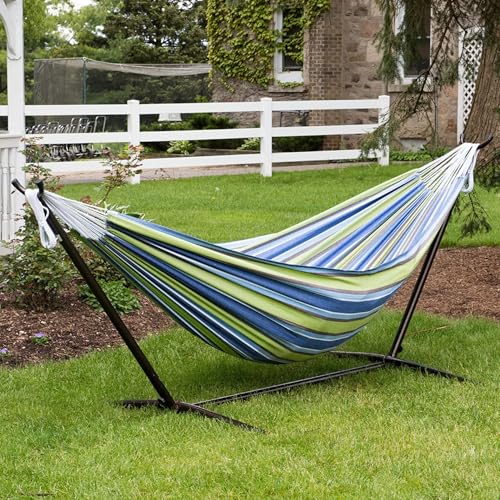 Vivere Double Cotton Hammock with Space Saving Steel Stand, Upgraded Polyester End Strings 450 lb Capacity - Premium Carry Bag Included - USA Grown Cotton (Oasis) - color: Oasis