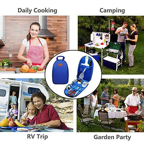 Camp Kitchen Utensil Organizer Travel Set Portable BBQ Camping Cookware Stainless Steel Utensils Travel Kit Outdoor Equipment Cutting Board Tongs Scissors Knife Ladle Spatula - color: Blue