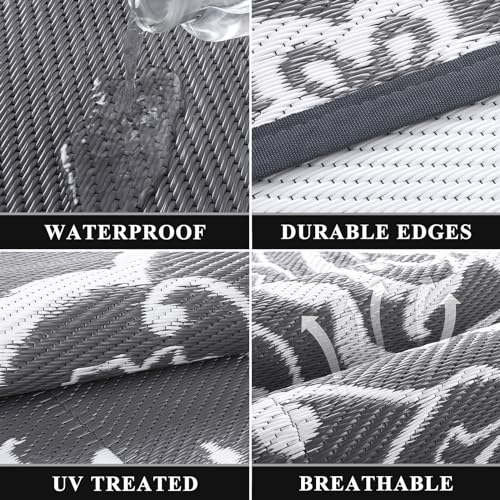 Pauwer Waterproof Outdoor Rug 5x8, Reversible Plastic Straw Patio Camping Rug, Indoor Outdoor RV Mat Carpet for Deck, Camper, Porch, Balcony, Backyard, Picnic, Boho Grey - color: Boho Grey, size: 5' x 8' (Rectangular)