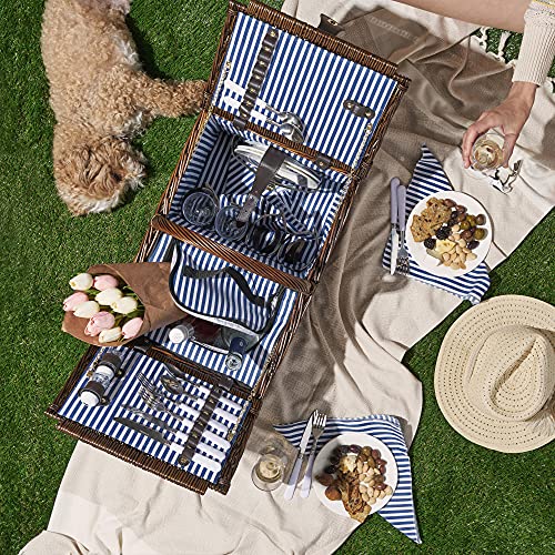 Twine Cape Cod Wicker Basket with Insulated Compartments, Service for 4 – Includes Silverware, Plates, Napkins, Wine Glasses, Shakers, and Corkscrew, Perfect for Picnic, Outdoor Party - style: Cape Cod Picnic Basket