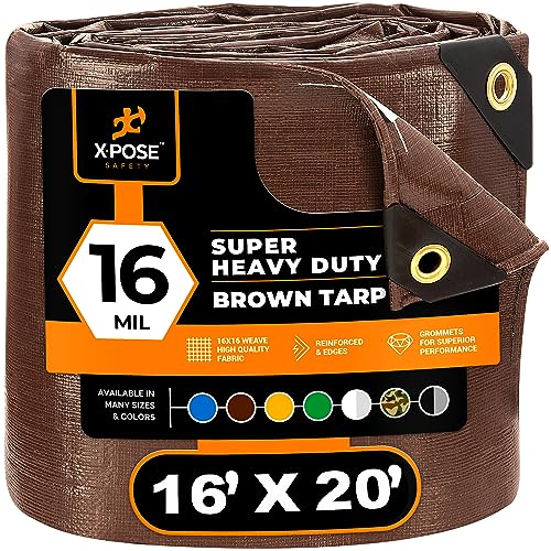 16' x 20' Super Heavy Duty 16 Mil Brown Poly Tarp Cover - Thick Waterproof, UV Resistant, Rip and Tear Proof Tarpaulin with Grommets and Reinforced Edges - by Xpose Safety - color: Brown, size: 16' x 20'