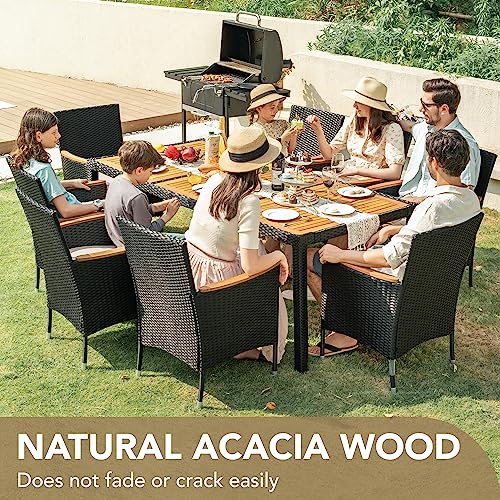 Devoko Outdoor Patio Dining Sets 9 Pieces Wicker Outdoor Dining Table and Chairs Set with Acacia Wood Table Top and Widened Armrests for Backyard, Garden, Deck (Black) - color: Black, style: 9 Piece Dining Set