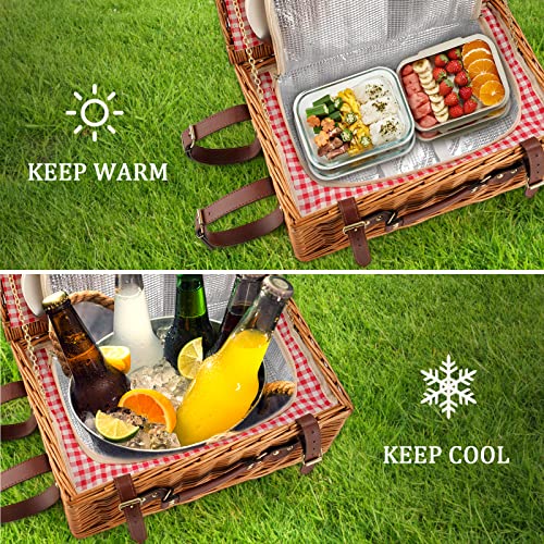 Picnic Basket for 4 Persons with Waterproof Picnic Blanket and Insulated Cooler, Large Wicker Picnic Basket for Camping, Outdoors, Valentine's Day, Christmas, Birthday, Wedding Gift - color: Red and White Small Plaid