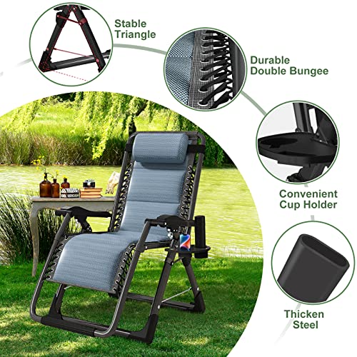 NAIZEA Padded Zero Gravity Chair, Cooling Fabric Folding Outdoor Lounge Chairs, Adjustable Reclining Camping Chairs with Cup Holder, Ergonomic Patio Lawn Chair for Balcony Beach Deck Yard - color: Ice Silk Blue, style: Zero Gravity Chair