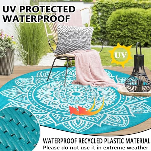 famibay Round Outdoor Rug 8ft Outdoor Plastic Straw Rug Boho Round Patio Rugs Outdoor Waterproof Reversible Camping Rug Potable Lightweight Circle Outdoor Rug for Patios Backyard Camping Porch(Teal) - color: Teal, size: Round 8ft