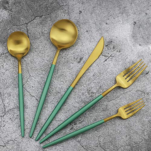 20-Piece 18/10 Stainless Steel Flatware Silverware, Luxury Dinnerware Set Travel Cutlery Tableware Include Knife Fork Spoon Service for 4, Dishwasher Safe (Green Handle Matte Gold) - color: Green Handle Gold, size: Service for 4