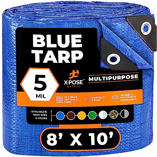 Better Blue Poly Tarp 8' x 10' - Multipurpose Protective Cover - Lightweight, Durable, Waterproof, Weather Proof - 5 Mil Thick Polyethylene - by Xpose Safety - color: Blue, size: 8 Feet X 10 Feet