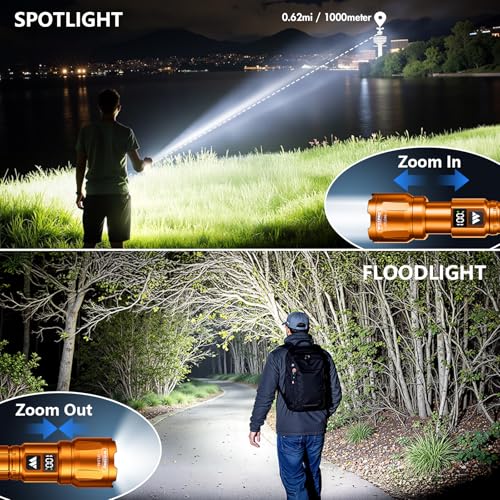 Wdtpro LED Rechargeable Flashlight 2 Pack, 3 Modes Super Bright High Lumens Flashlights, Zoomable Tactical Flash Light with LCD Display, IP65 Waterproof Flashlights for Home Emergency Camping - Orange - color: Orange