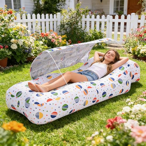 Inflatable Couch,Air Sofa with Sun-Shade Design,Built-in Storage,Ripstop Polyester&Stability Pegs,Portable Air Lounger for Beach,Camping,Easy to Carry,2 Inflation Ways(Included Pump)Pebble Gray - color: Pebble Gray